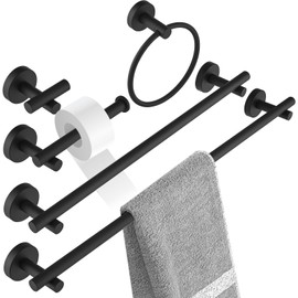 BATHLAVISH Matte Black Bathroom Accessories Set Hardware 5 Piece s 24" Towel Bar Holder Set, Hand Towel Holder, Toilet Paper Holder, Towel Ring and Robe Hook, Stainless Steel Wall Mounted