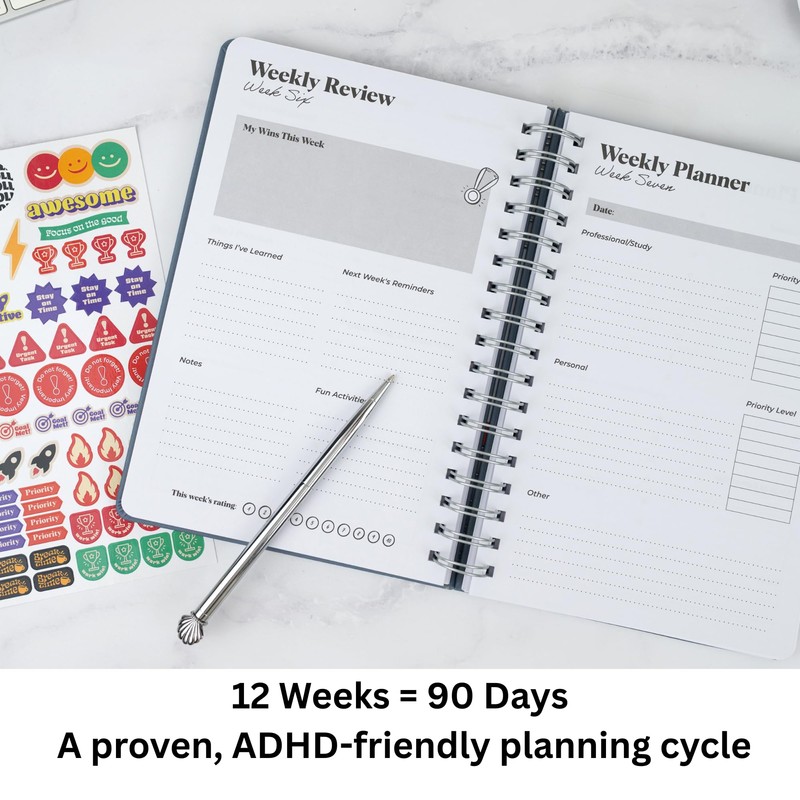 ADHD Daily Planner – 12-Week Undated 6x9 Productivity Planner with