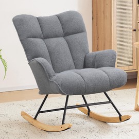 Zedachica Nursery Rocking Chair Teddy Upholstered Glider Rocker Rocking Accent Chair with High Backrest Comfy Armchair with Padded Seat Soft Side Chair for Living Room Bedroom Office (Dark Grey Teddy)