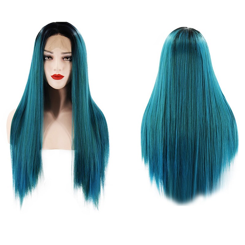 Long Straight Hair Wig Gradient Green Color Centre Parting Hairstyle
