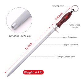Azhou 12" Professional Knife Sharpener Steel Rod - T12 Carbon Steel (HRC 65±1), Fine 200 Grit for Kitchen & Chef Knives, Easy to Use with Non-Slip Wooden Handle & Gift Box