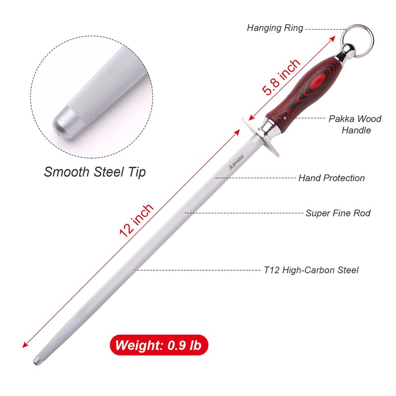 Azhou 12" Professional Knife Sharpener Steel Rod - T12 Carbon