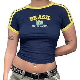 Vintage Graphic Baby Tees for Women Brazil Shirt Y2k Tops Baby Crop Tees 90s Summer Going Out Tops Streetwear Shirts (US, Alpha, Large, Regular, Regular, Navy Blue)