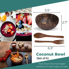 ENEOCare Set of 6 Natural Coconut Bowls and Wooden Spoon Sets | Organic Reusable Eco-friendly Smoothie and Buddha Bowl Sets