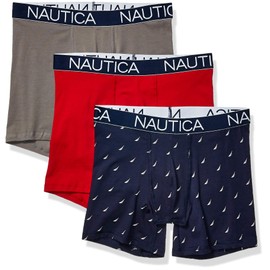Nautica Men's 3-Pack Classic Cotton Stretch Boxer Briefs, Red/Platinum Grey/Sail Printpeacoat, Large