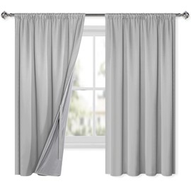 XWZO 100% Opaque Ruffle Tape Curtains, Set of 2 Double-Layer Thick and Heavy Curtains Bedroom Curtains, 175 x 140 cm (H x W), Silver-Grey
