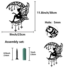 CREATCABIN Fairy Metal Decor Angel Moon Wall Decoration Black Fairy Sculptures Hollow Out Wall Hanging Statue Ornament Wall Art for Housewarming Gifts Outdoor Garden Farmhouse Living Room 12 x 9Inch