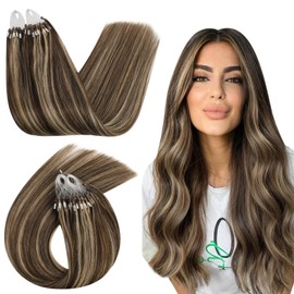 Ugeat Real Hair Extensions, Bonded Extensions, Micro Ring, P4/27 Dark Brown to Caramel Blonde Streaked, 40 cm, 50 g, 50 Strands