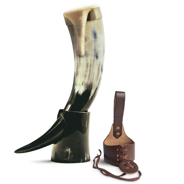 Norse Tradesman Genuine 12" Ox-Horn Viking Drinking Horn with Brass Rim, Fitted Horn Stand & Burlap Gift Sack - The Classic, 12-Inches, High Polish