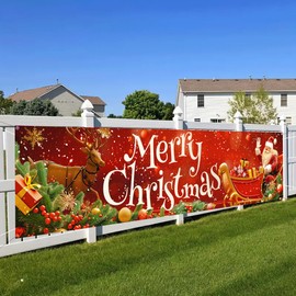 Blissyard Merry Christmas Banner Santa Claus Banner Double Sided 78x17 Flag Santa Sleigh And Reindeer With Gifts Outdoor Holiday Yard Lawn Decoration Home Front Door Holiday Christmas Decoration
