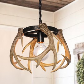 Debemenes Rustic Antler Chandelier, Adjustable Height Farmhouse Chandeliers with Resin 4 Antlers and Retro Metal Wagon Wheel Chandelier Vintage Style for Dining Room, Kitchen, Hallway, Entryway