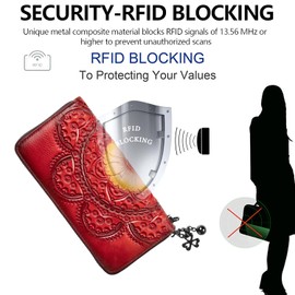 SHARPAD Wallet Genuine Leather for Women - with RFID Blocking Card checkbook ID Slot Large Capacity Vintage style (sunflower red)