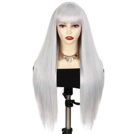Lady Hanne Long Straight Wig With Bangs Grey Silvery Silky Straight Hair Wigs for Women 28 Inch Ready-to-Go Straight Synthetic Wig for Cosplay Daily Party Use