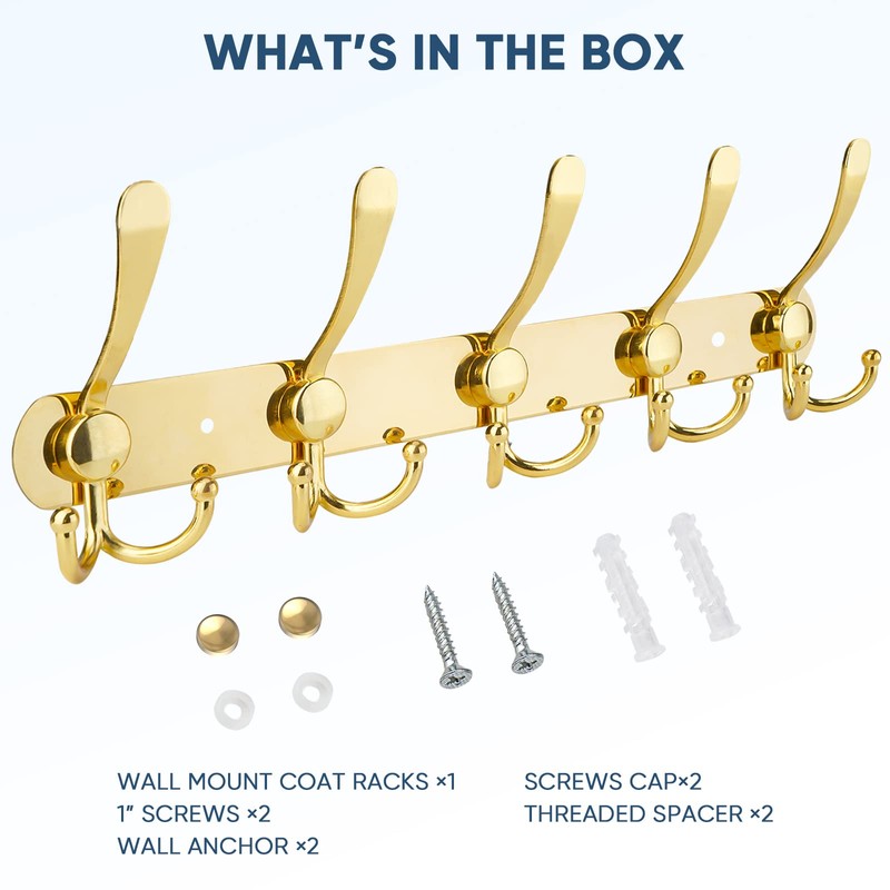 TICONN Wall Mounted Coat Rack, Five Heavy Duty Tri Hooks
