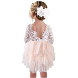 2Bunnies Girl Peony Lace Back A-Line Tiered Tutu Tulle Flower Girl Dress (Pink 3/4 Sleeve Short, 2T)