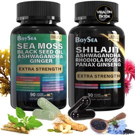 Shilajit and Sea Moss Bundle - 90 Count each - Sea Moss, Black Seed Oil, Ashwagandha, Ginger & Shilajit, Rhodiola Rosea, All in 1 Supplements