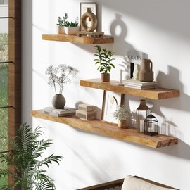 Rustic Floating Shelves for Home Decor, 32 Inch Long Wall Shelves Set of 2, Solid Elm Wood Live Edge Floating Shelf for Wall, 8 Inch Deep Bookshelf for Storage, 32 x 8 Bathroom Shelf, Natural Color