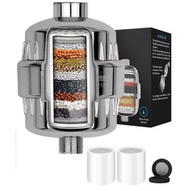 3QUEENS High Output Shower Filter for Hard Water,15-Stage Filtration System,Removes Chlorine,Heavy Metals & Impurities, Enhances Skin & Hair,Universal Fit for All Shower Types(Chrome Silver)