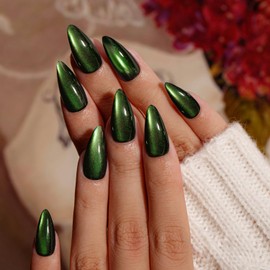 KQueenest Neon Green Cat Eye Press on Nails Almond Medium, Bling Black False Nails with Glue, Glazed Sparkly Fake Nails Press ons, Reusable Soft Gel Stick on Nail for Women Gothic Decoration, 30 Pcs