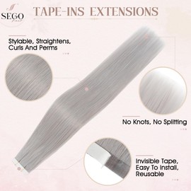 SEGOHAIR Tape in Hair Extensions Human Hair, 14inch Invisible Highlighted 20 Pieces Real Hair Straight Natural Remy Tape Hair Extensions- Sliver