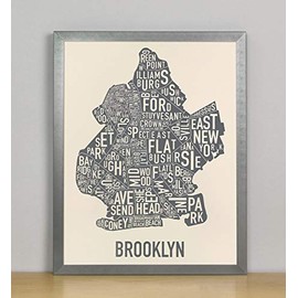Framed Brooklyn Neighborhoods Map Art Screen Print, Ivory & Grey, 11" x 14" in Grey Frame Frame