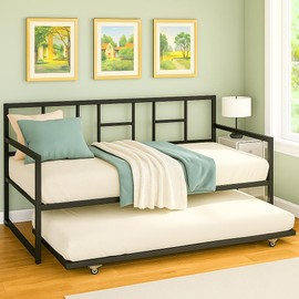DWVO Twin Daybed with Trundle, Twin Size Day Bed Frame with Pull Out Trundle, Heavy Duty Metal Sofa Bed Frame for Living Room and Guest Room, Black