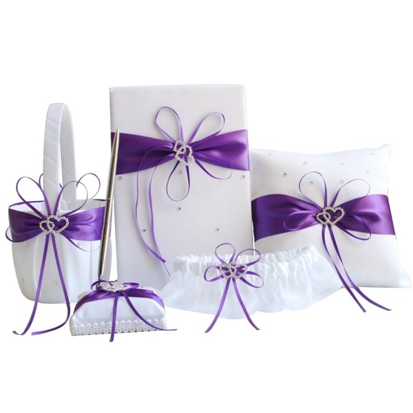 Awtlife 5pcs Sets Wedding Flower Girl Basket Guest Book Pen with Ring Pillow and Garter Purple