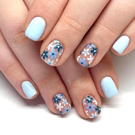 WAFOLOZE Short Square Press on Nails,Press On Nails Short, Acrylic Nails Press on Fake Nails Glossy Blue False Nails with Flowers Press ons Designs Artificial Nails Stick on Nails for Women 24Pcs