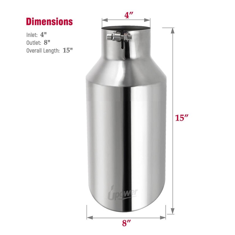 Upower 4 inch Inlet 8 inch Outlet Exhaust Tip Stainless