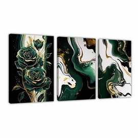 Emerald Green canvas wall art 3Pcs，Abstract Marble Flowers paintings，Gold Foil Dark Green picture prints，home decor framed(Abstract-1,16.00" x 24.00" x 3Pcs)