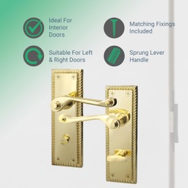 EAI Polished Brass Georgian Scroll Bathroom Door Handle Set - 1 Pair of Internal Lever Handles & Lock (64mm) - Rope Design