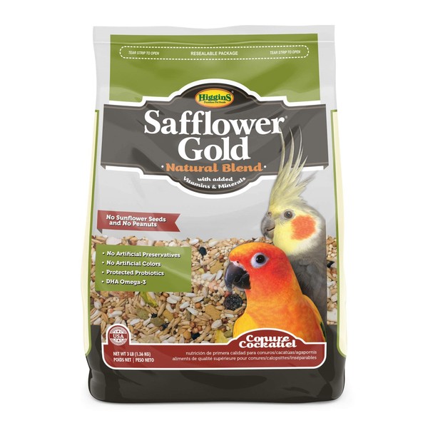 Higgins Safflower Gold Natural Food Mix for Conures & Cockatiels, 3lbs