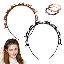 2 PCS Headband With Clips, Bangs Hairstyle Hairpin Headband with 8 Clips Each, Professional Weave BangsClip, ToothedHeadband Braid Tool, Hair Styling Accessories for Women Girls (Brown+Black)