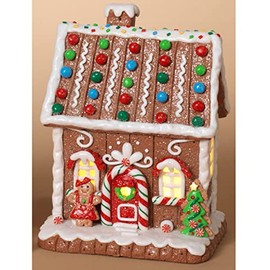 One Holiday Way 7.5-Inch Light Up LED Christmas Faux Gingerbread House Figurine with Woman and Candy Accents – Prebuilt Lighted Village Decoration – Xmas Tabletop Home Decor
