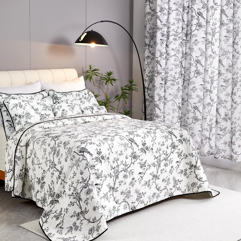EVENHUG 100% Cotton Quilt Twin Size Black Bird Bedding Set
