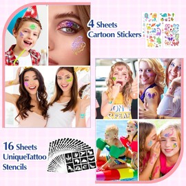 Aottom Kit de Tatuajes Temporales con Purpurina para Niños: 220 Plantillas, Más de 70 Pegatinas Infantiles, 36 Colores de Purpurina, 3 Pegamentos, 5 Pinceles. Ideal para Fiestas, Maquillaje Y Como Reg
