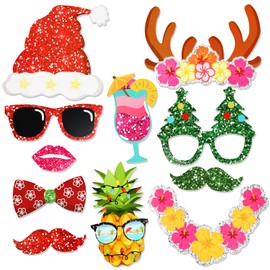 HOWAF 30pcs Mele Kalikimaka Photo Booth Props,Hawaii Christmas Selfie Props Flamingo Palm Tree Santa Pineapple for Holiday Party Supplies,Tropical Christmas Decoration Photo Props Kit,Summer Christmas