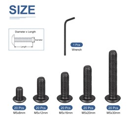 DTGN 100Pcs M5(D) Button Head Socket Cap Screws Kit, 8/12/16/20/30mm(L) Carbon Steel Black Oxide Full Thread Hex Socket Cap Screw Assortment with S3 Wrench - Good for Machine