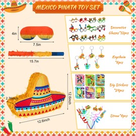 Yuxung Mexican Party Decorations Include Mexican Sombrero Hat Piñata with Stick Blindfold Confetti 24 Sheets Stickers 6 Keychains 6 Straws 12 Paper Eyeglasses Fiesta Party Favors for Cinco De Mayo