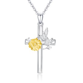 OHAYOO Hummingbird Cross Necklace 925 Sterling Silver Cross Hummingbird Pendant Necklace Hummingbird Jewelry Gifts for Women Girls, Sterling Silver, Cubic Zirconia