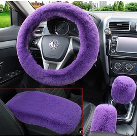 Dotesy 4 Pcs/Set Fluffy Faux Wool Car Steering Wheel Cover & Furry Auto Center Console Cover & Gear Shift Knob Cover & Handbrake Cover Universal Warm Winter (Purple)