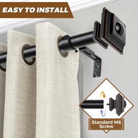 KAMANINA 1 Inch Curtain Rod 32 to 58 Inches (2.6-4.8ft), Black Curtain Rods for Windows, Single Drapery Rods with Square Finials