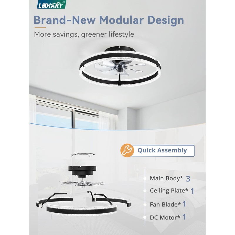 LEDIARY Ceiling Fans with Lights and Remote, 20'' Low Profile
