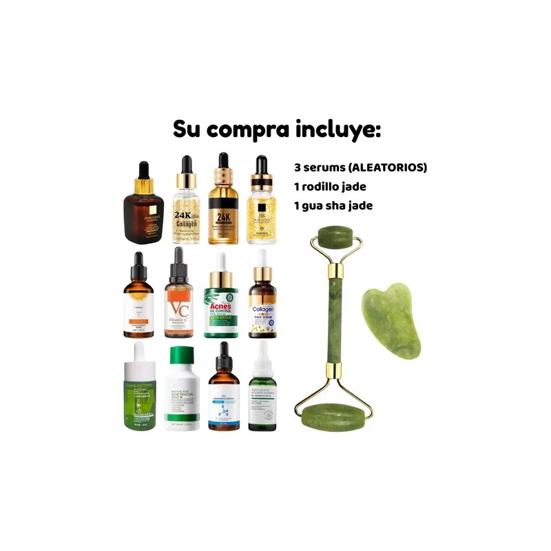 Serums Faciales + Rodillo Gua Sha Jade Masaje Paquete 5pzs