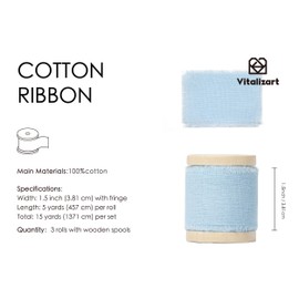 Vitalizart - Cinta azul para bebé, 1-1/2 pulgadas x 15 yardas, 100% algodón, hecha a mano, con flecos deshilachados, para envolver regalos, invitaciones de boda, ramos de despedida de soltera,