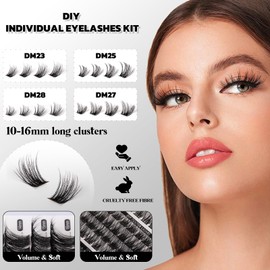 Individual Eyelashes 192PCS DIY Lashes Extension Kit with Lash Bond & Seal Super Hold, Applicator Tool, Cluster Lashes Remover Wide-stem Cluster Lash MIX Length 10-16MM C/D Curl-DM23+DM25+DM27+DM28