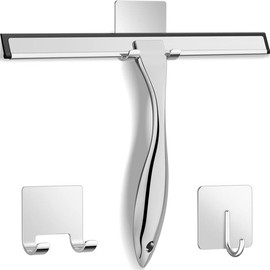All-Purpose Stainless Steel Squeegee for Shower Doors with 2 Adhesive Hooks Organiser Glass Household - Color: Silver, Size: 12-inch