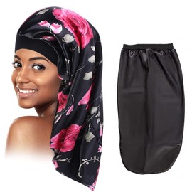 Pack of 2 Long Satin Bonnet Silk Bonnet for Sleeping Night Sleep Hat Adjustable Silk Hood Sleeping Cap Headgear Elastic for Women and Girls (Black, Flower)