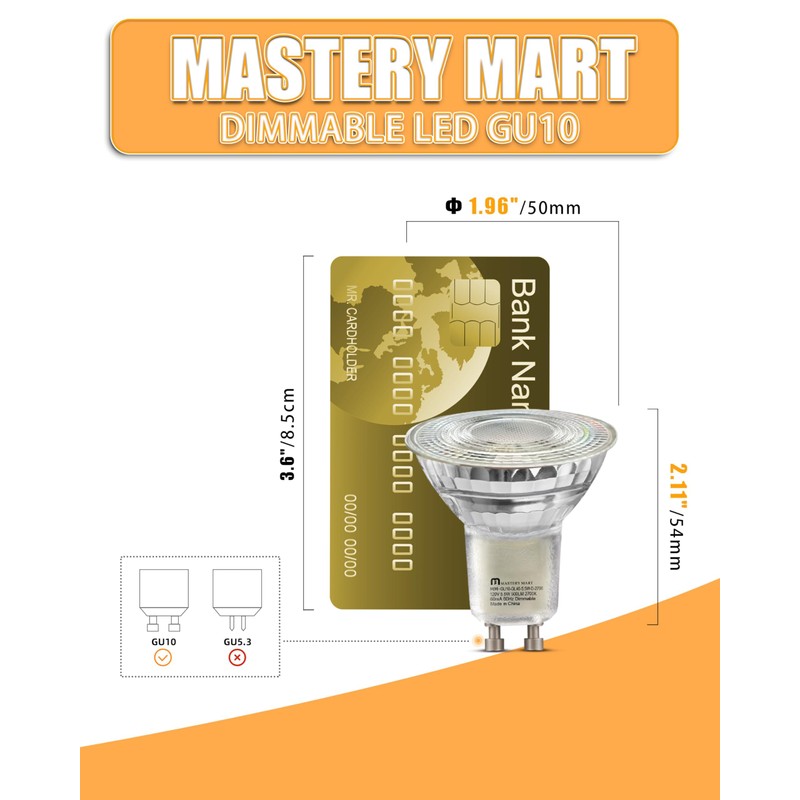 MASTERY MART 5.5W Dimmable GU10 LED Light Bulbs, 2700K Soft