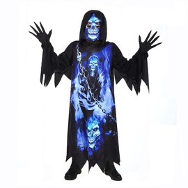 Sincere Party Grim Reaper Costume For Kids,Phantom of the Darkness,Spooky Black Robe with Spooky Gloves,Printed Mask 3-4years.